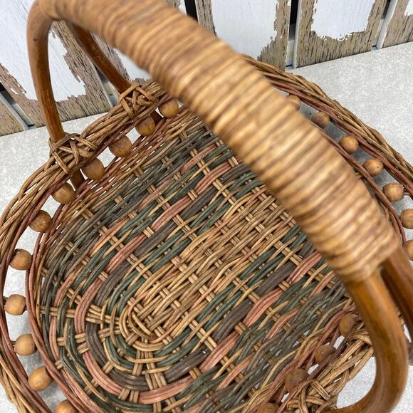 Vintage Woven Wicker Bamboo Beaded Basket - Philippines Made - Picture 4 of 9